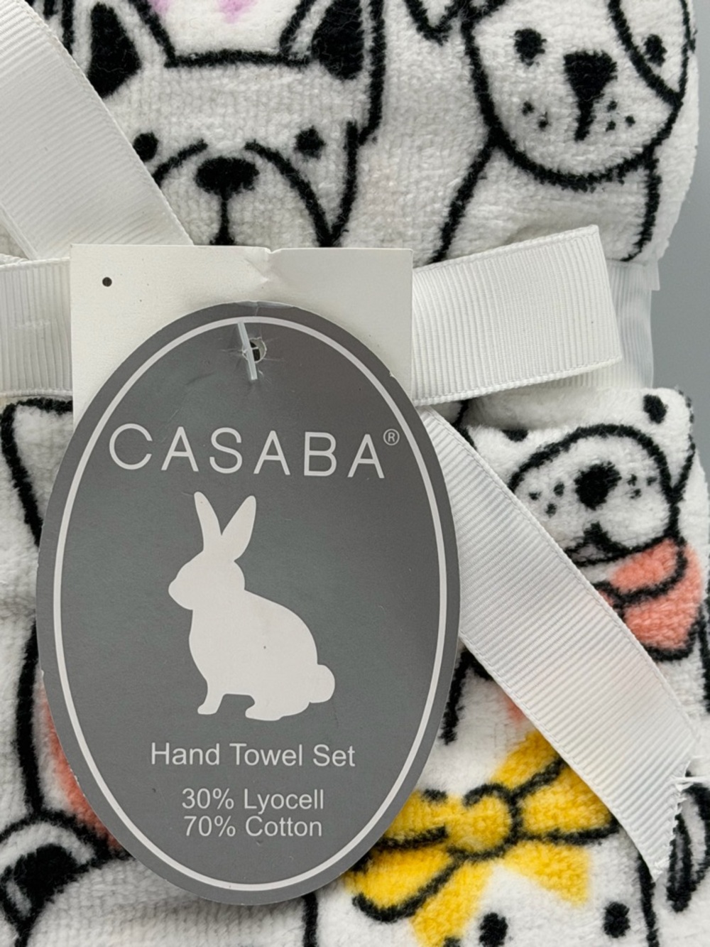 CASABA Dog & Bunny Printed Hand Towel Set - White with Yellow & Pink Accents - Picture 3 of 4